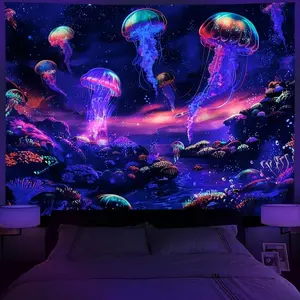 Blacklight Trippy Jellyfish Tapestry Galaxy Space Tapestry UV Reactive Hippie Plant Floral Tapestry Fantasy Starry Sky Tapestry Wall Hanging for Bedroom Cotton Decor