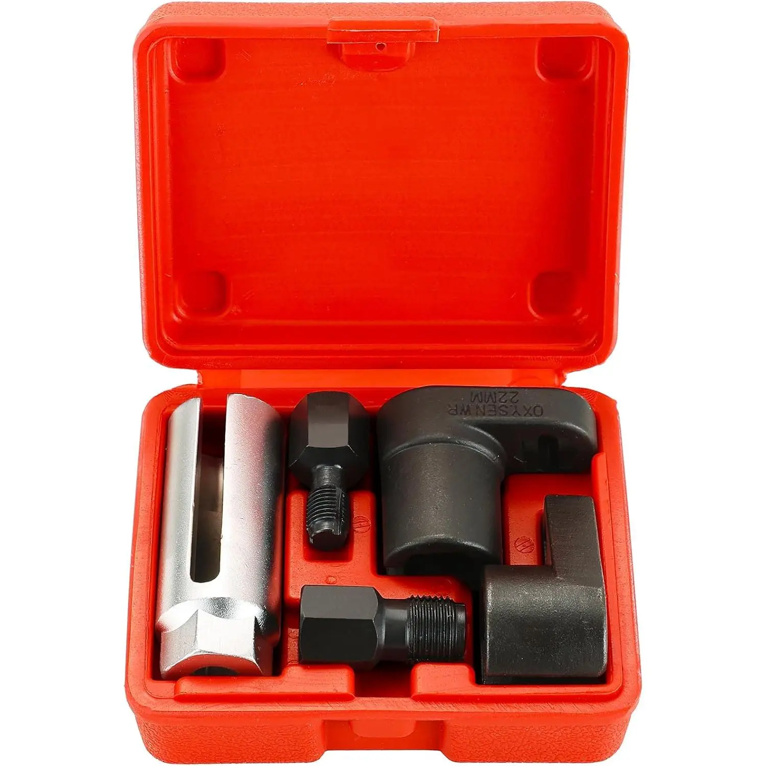 Automotive Oxygen Sensor Socket Set 5 Pcs | Offset Wrench Remover and Thread Chaser Kit for O2 Sensors (Red)