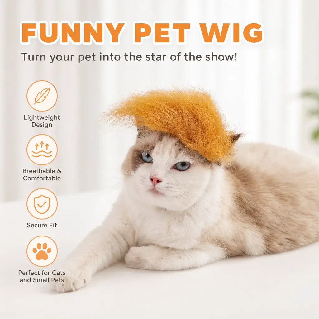 Fluffy Fabric Orange Pet Cat Wig with Adjustable Strap - 1 Count Secure Fit Pet Hair Accessory for Small Cats, Fun Look Photo Props for Daily Parties, Ca
