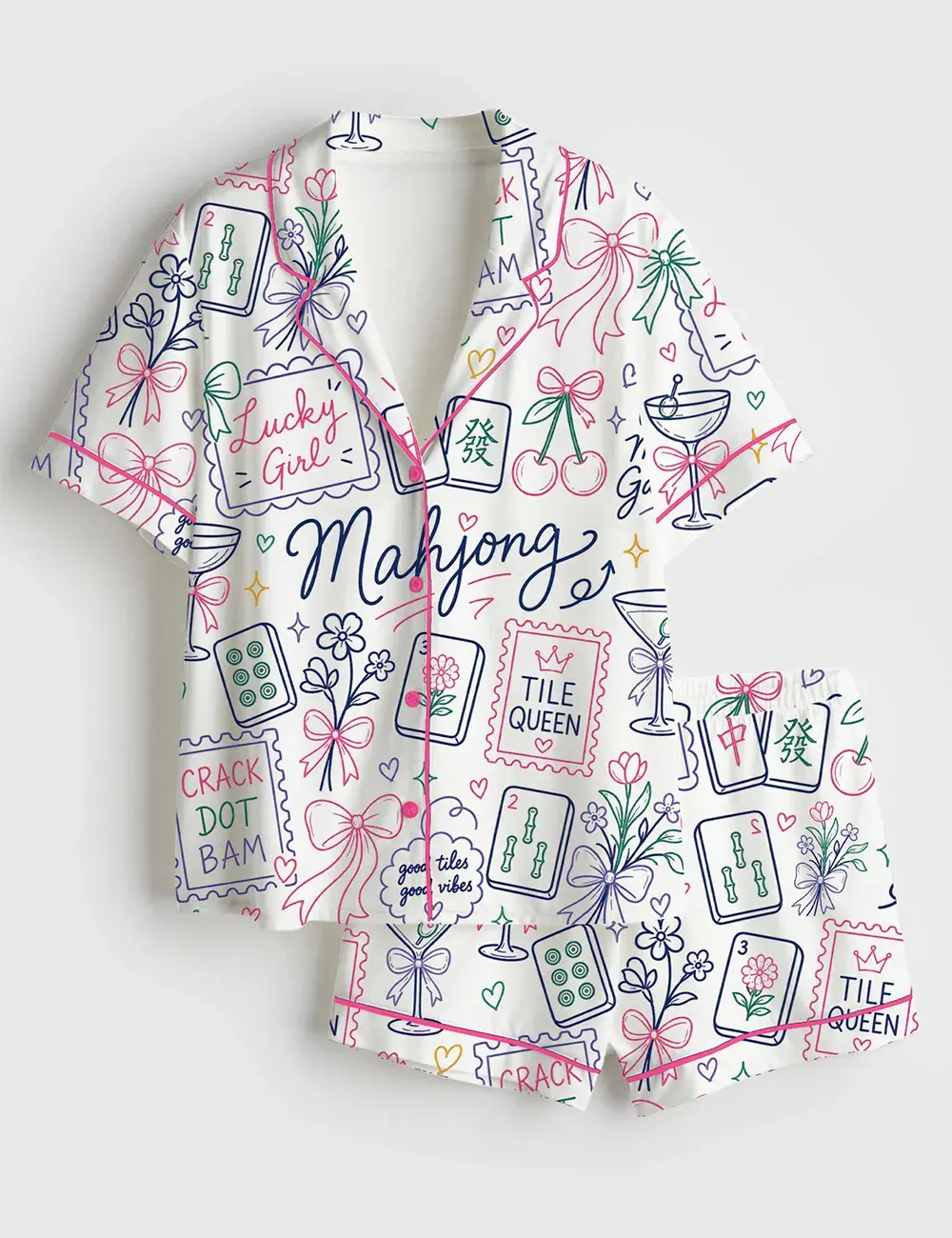 Mahjong Tile Queen Lucky Girl Cherry Cocktail Art Print Short And Long Sleeve Pajama Set, Sleepwear for Women