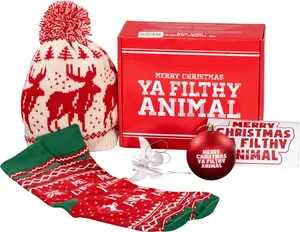 Ya Filthy Animal Merry Christmas Gift Box Set Funny Holiday Beanie Hat, Socks, Ornament & Stickers Christmas Gift Bundle