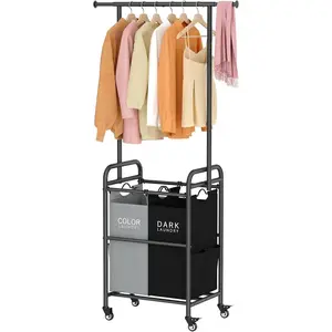 Laundry Sorter with Hanging Bar 2 Section Laundry Hamper with Lockable Wheels and Removable Bag Black & Gray