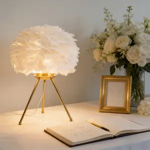 Eye protection Electroplated Iron Art Gold-White Feather-Style Glass Table Lamp 110V US Plug, E26 Socket Suitable for Home / Café / Studio / Dorm Decor
