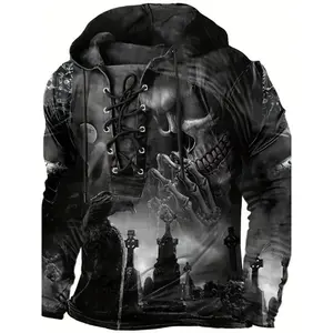 Men's Gothic 3D Skull Print Hoodie - Long Sleeve Pullover with Lace-Up Detail, Black Hooded Sweatshirt for Fall/Winter, Casual Polyester Blend, Machine Washable vacation outfits Fabric Menswear