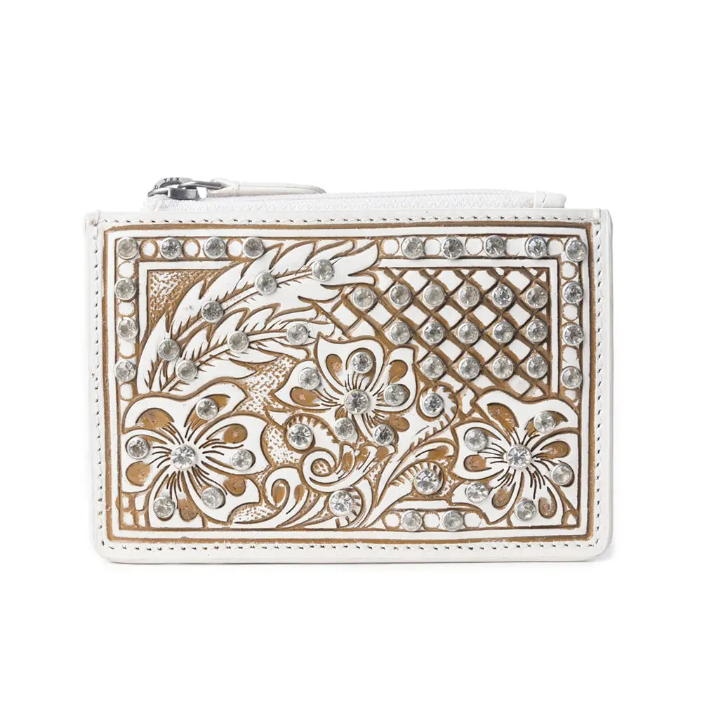Women's Western Hand-Tooled Leather Zip Wallet with Rhinestone Accents, Compact Secure Card Holder with Multiple Slots and Feather Motifs, Modern, Crystal Accents, Bling Women's Wallets, Card-Sized Women's Wallets