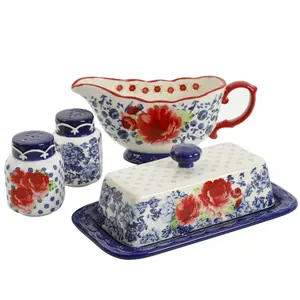 Frontier Rose Butter Dish with Lid, Gravy Boat and Salt & Pepper Set - 5 Piece Set Ceramic Kitchen
