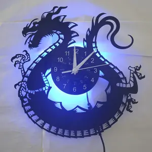 Dragon Theme Vinyl Wall Clock, Seven Colors Switchable, Home Decor, Gift Present, No Battery Included