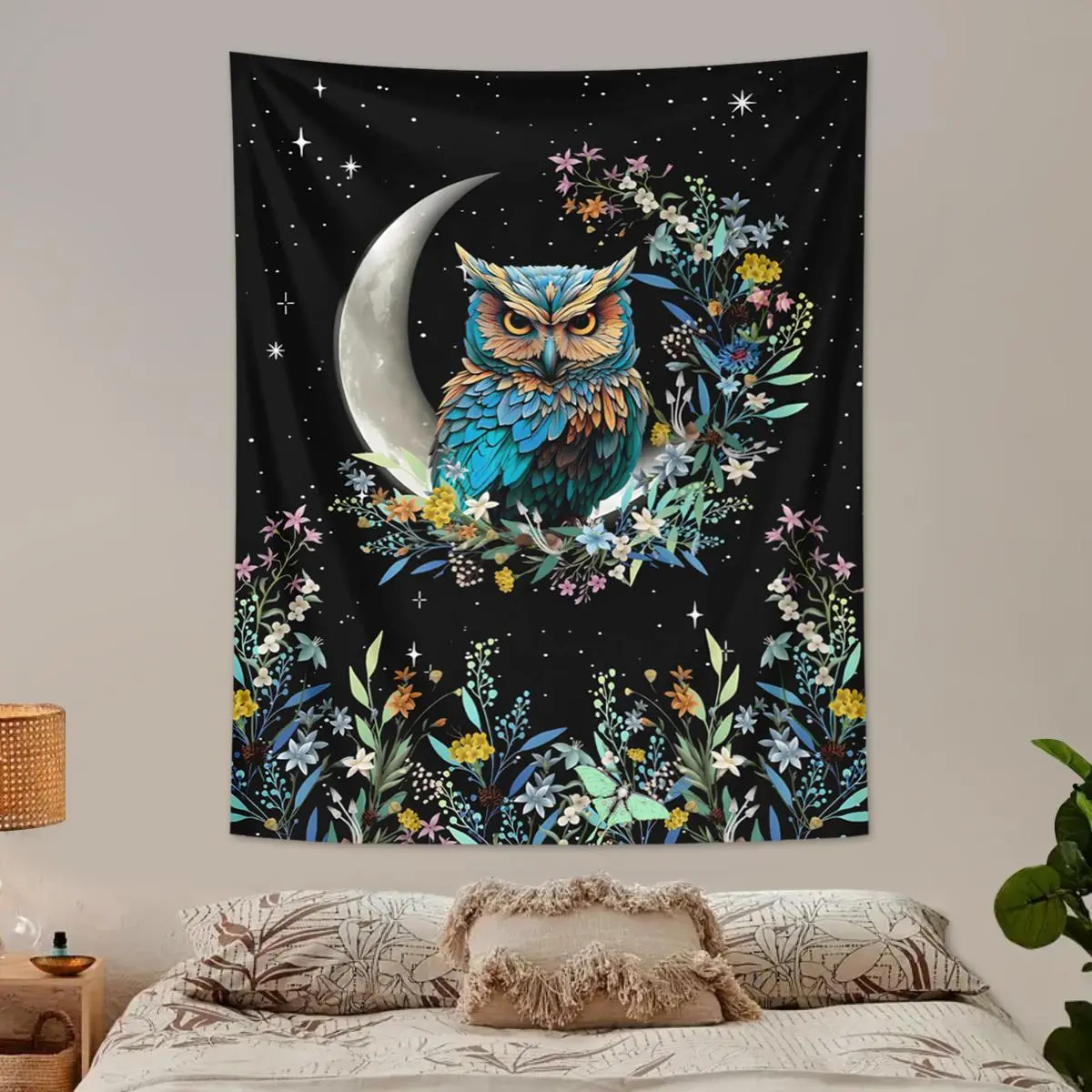 Bohemian Owl & Floral Pattern Tapestry, 1 Count Colorful Wall Hanging Tapestry, Wall Art Decor Boho Floral Design for Home Living Room Bedroom, Starry Sky Pattern