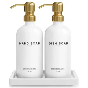 Luxury Glass Hand and Dish Soap Dispenser Set by Brighter Barns - Kitchen Soap Dispenser Set with Tray for Kitchen Sink - White and Gold Kitchen Accessories & Decor (Gold)