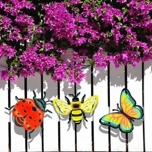 3-Piece Iron Wall Decor Set, Butterfly Bee Ladybug Combination, Colorful Garden Fence Ornaments, Garden Sculptures Statues, Indoor Outdoor Yard Living Room Kids' Room