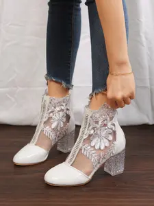 Lace Mesh Women's Crystal Heeled Summer Short Boots, Floral Embroidery Hollow Out High Heels, Comfortable Anti-Slip Party Wedding Shoes