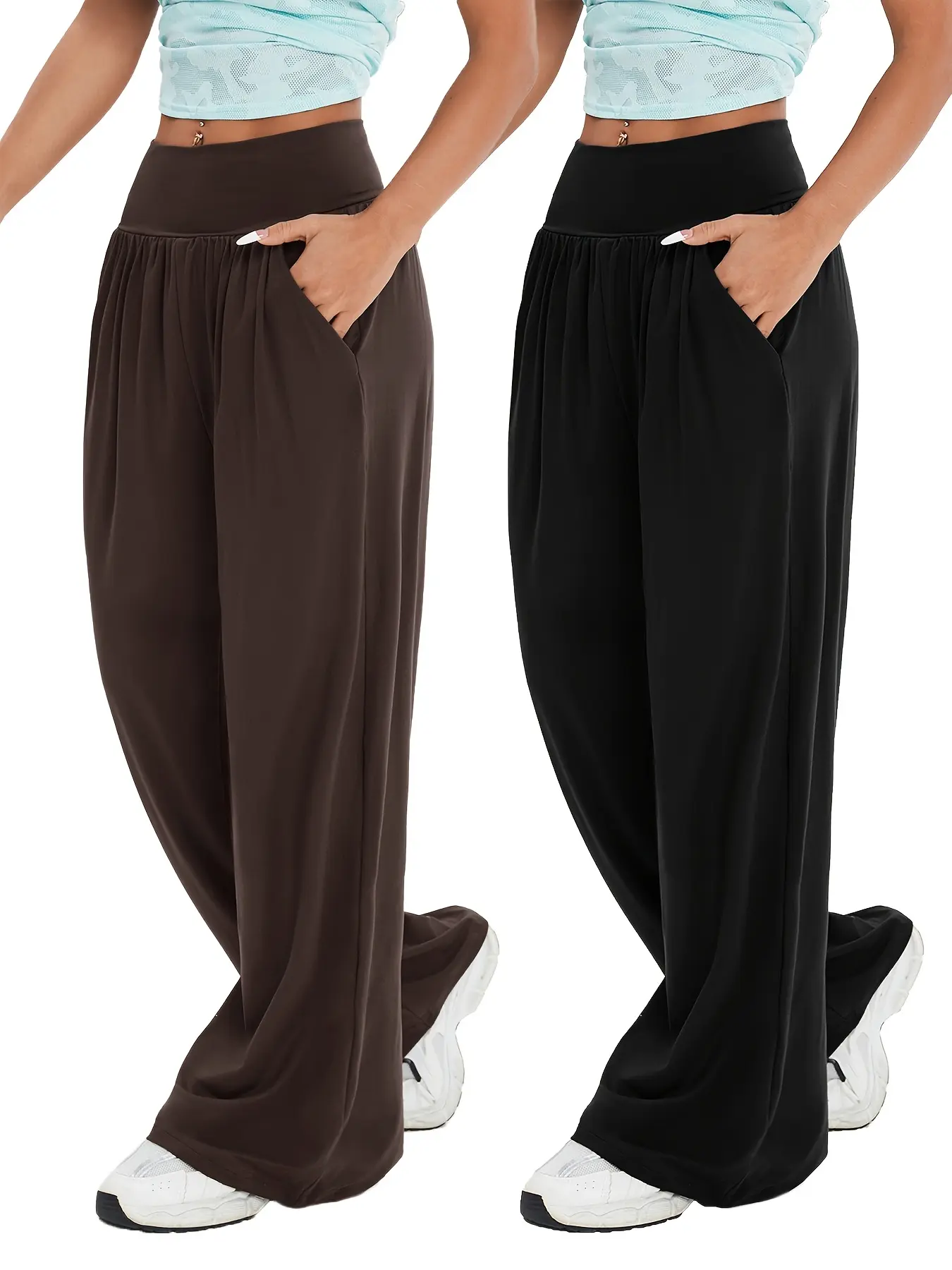 Multicolor Set Of Two Versatile Solid Color Loose Pocket Wide-Leg Jogger Yoga Pants