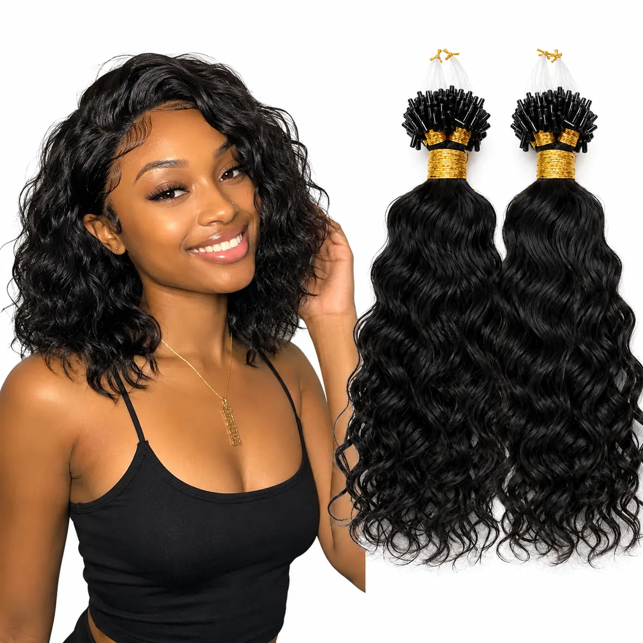 Micro Loop Ring Human Hair Extensions, Water Wave Microlink Hair Extensions for Adding Length & Volume Natural Black Color