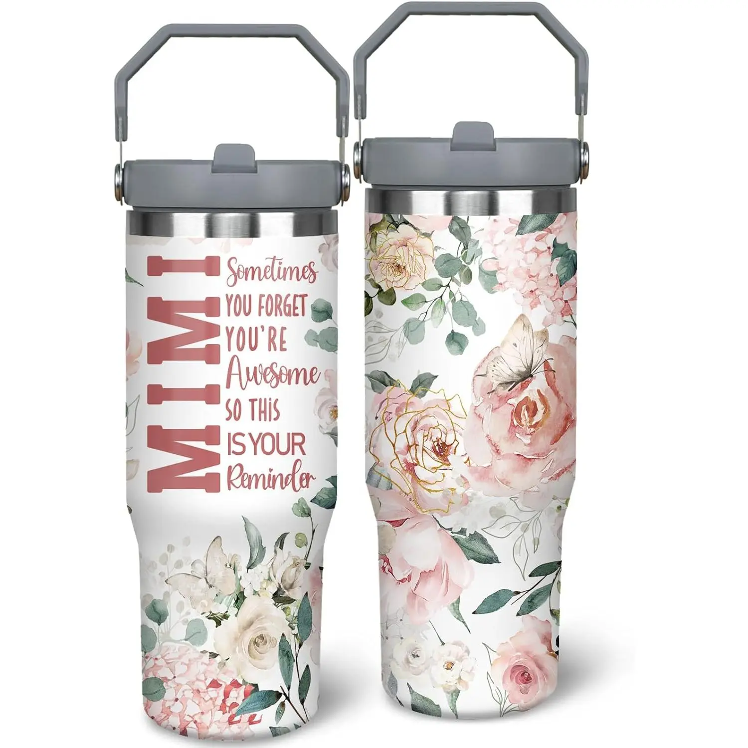 30oz Insulated Double-Wall Stainless Steel Thermal Drink Mug Flask, Leakproof Portable Printed Grandma Tumbler with Floral Letters, Handle, Straw, Lid - Christmas Gift for Grammy