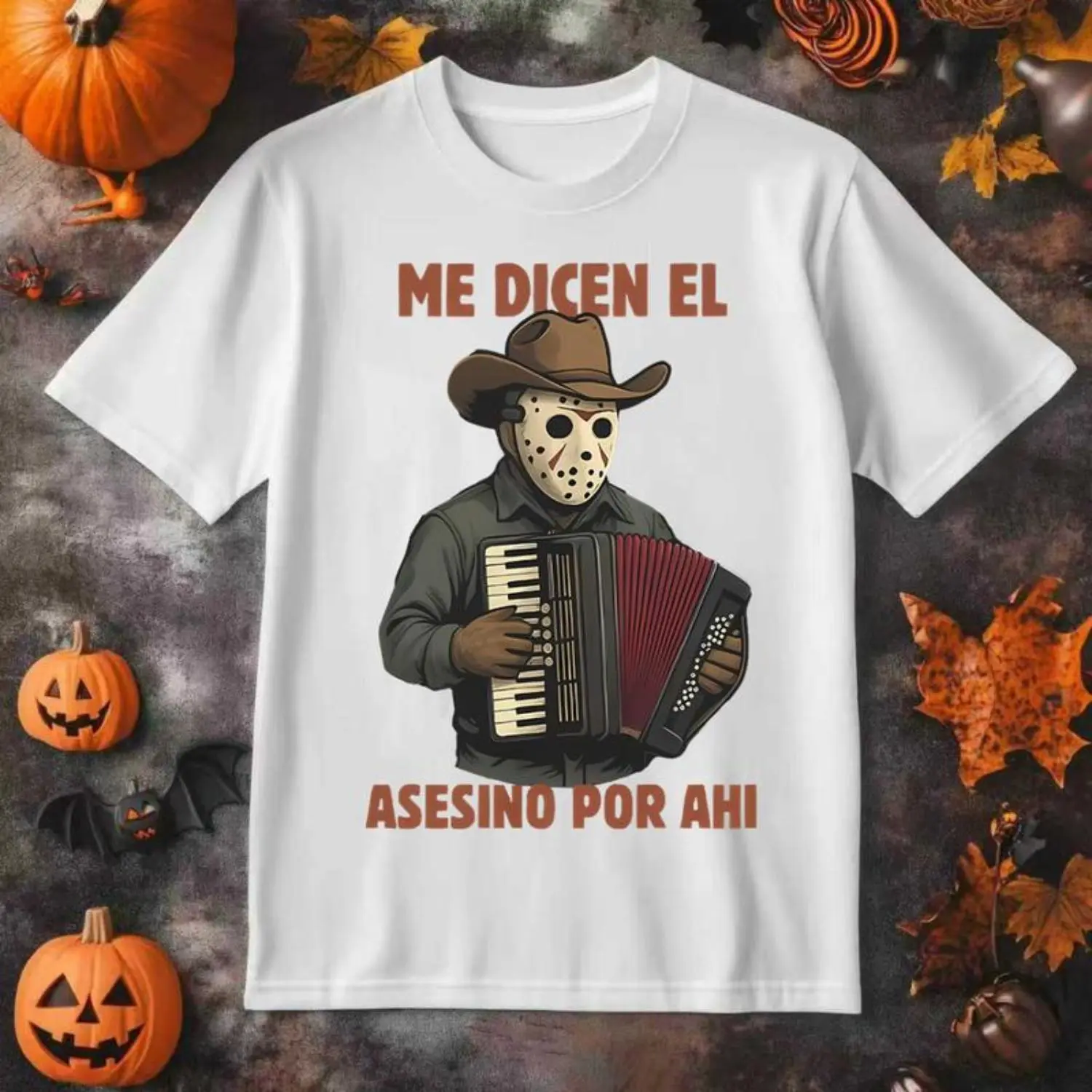 Vintage-Inspired Halloween T-Shirt---Me Dicen El Asesino Por Ahi Shirt- HorrorMovie Villains Playing Accordion Tee,HalloweenCharacters T-shirt---Give him/her a Halloween gift Top Womenswear