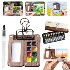 PUKEGM Mini Paint Palette Travel Kit - Mini Travel Watercolor Palette Set,Pocket Artist Water Color Travel Set with Colours,Binder Clips,Watercolor Pens,Wooden Paint Box for Painters Artists Students(12 Colors 8 Grid Set)
