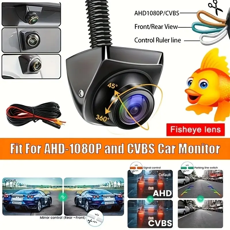 170° Fish Eye Backup Camera, 1080P Resolution, Compatible with Ahd/cvbs, Night Vision, Parking Guide Lines, Car Camera