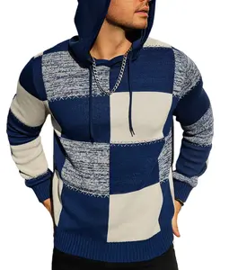 Men's Casual Hooded Color-Block Sweater - Black & Plaid Pattern, Long Sleeve Pullover with Ribbed Cuffs & Adjustable Drawstring Hood for Spring/Fall, Durable Knitwear, Comfortable Fit