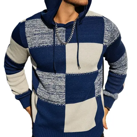 Men's Regular Size Stylish Color-Block Plaid Pullover Hoodie - Long Sleeve, Drawstring, Stretch Polyester Fabric, Street Vibe, Casual OOTD Outfit, Hand Wash, Quick Layering Option, No