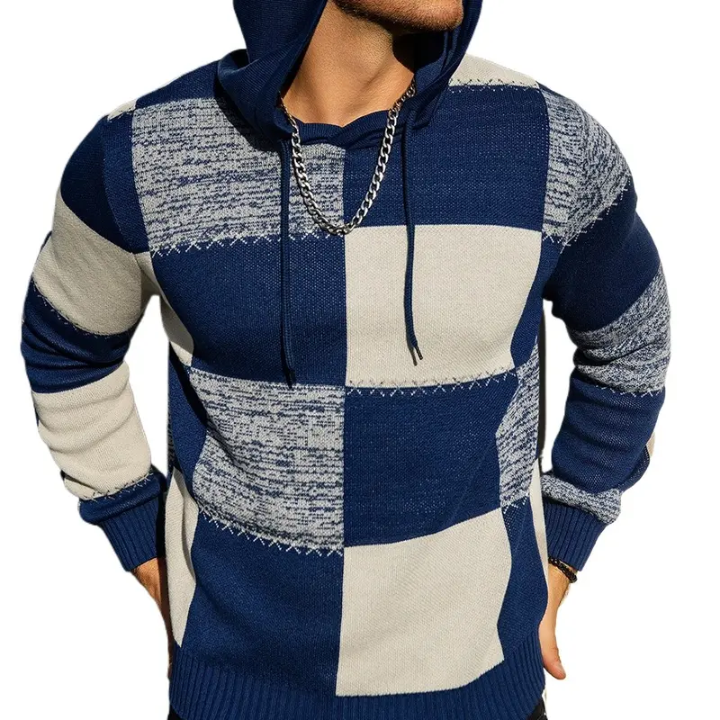 Men's Regular Size Stylish Color-Block Plaid Pullover Hoodie - Long Sleeve, Drawstring, Stretch Polyester Fabric, Street Vibe, Casual OOTD Outfit, Hand Wash, Quick Layering Option, No