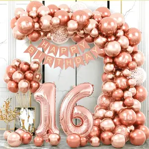 Sweet 16 Party Decorations for Girls - Easy-Prep Party Decor Balloon Arch Kit - Vintage Tasteful - Rose Gold Tone Dday Set with Happy Birthday Banner, 40 inch Number 16 Foil Balloon