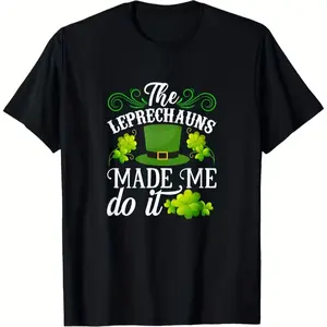 Patrick'S Day T-Shirt for Men & Women - "The Leprechauns Made Me Do It" Design with Green Clover & Pot of Golden, 100% Cotton, Regular Fit, All-Season Casual Wear, Perfect for Outdoor Activities & Gym, St. Patrick'S Day Shirt