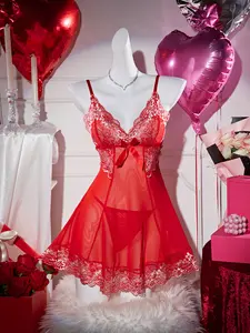 AESKEIA Ladies' Sexy Two-piece Set With Deep V Hollow Flower Suspender Backless Semi Transparent Lace Teddy Doll Nightgown Set - Seamless Lingerie