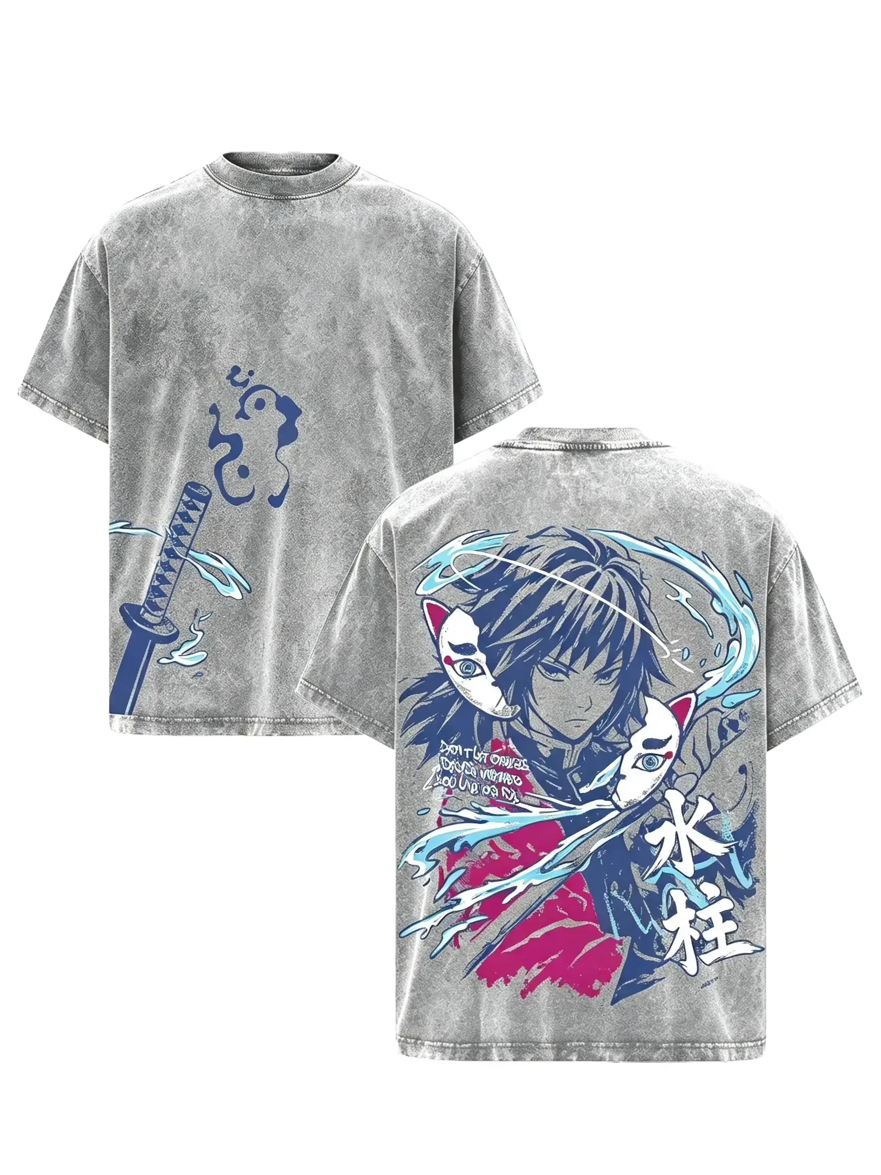Demon Slayer Giyu Tomioka Anime T Shirt Vintage Washed Gray Oversized Tee Water Hashira Graphic Shirt Japanese Manga Streetwear Y2K Fashion Harajuku Style Casual Summer Anime Clothing Trendy Otaku Gift For Fans