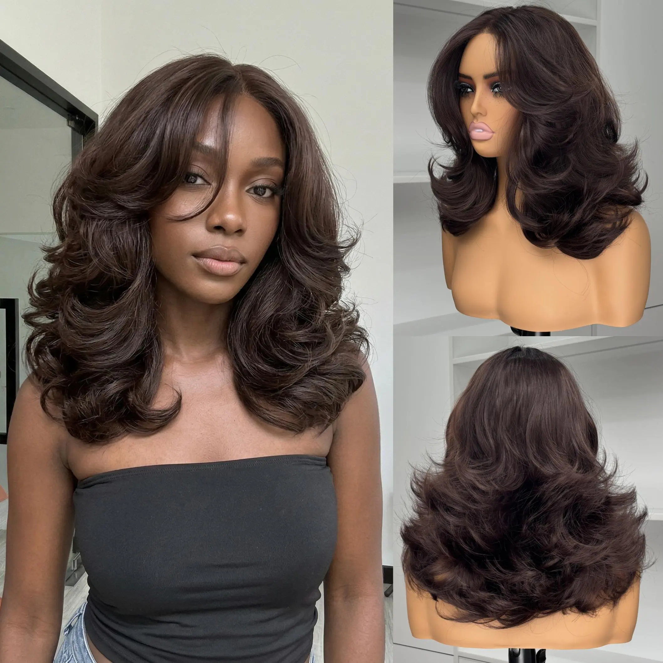 13x6 Lace Front Wig Butterfly Layers Heat Resistant Synthetic Hair Amazon.com : SOKU Black 13x6 Lace Frontal Wig 32 Inches Long  main image 3
