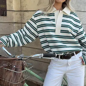 Autumn Loose Striped Polo Collar Long Sleeve Top with a Stylish and Casual Design