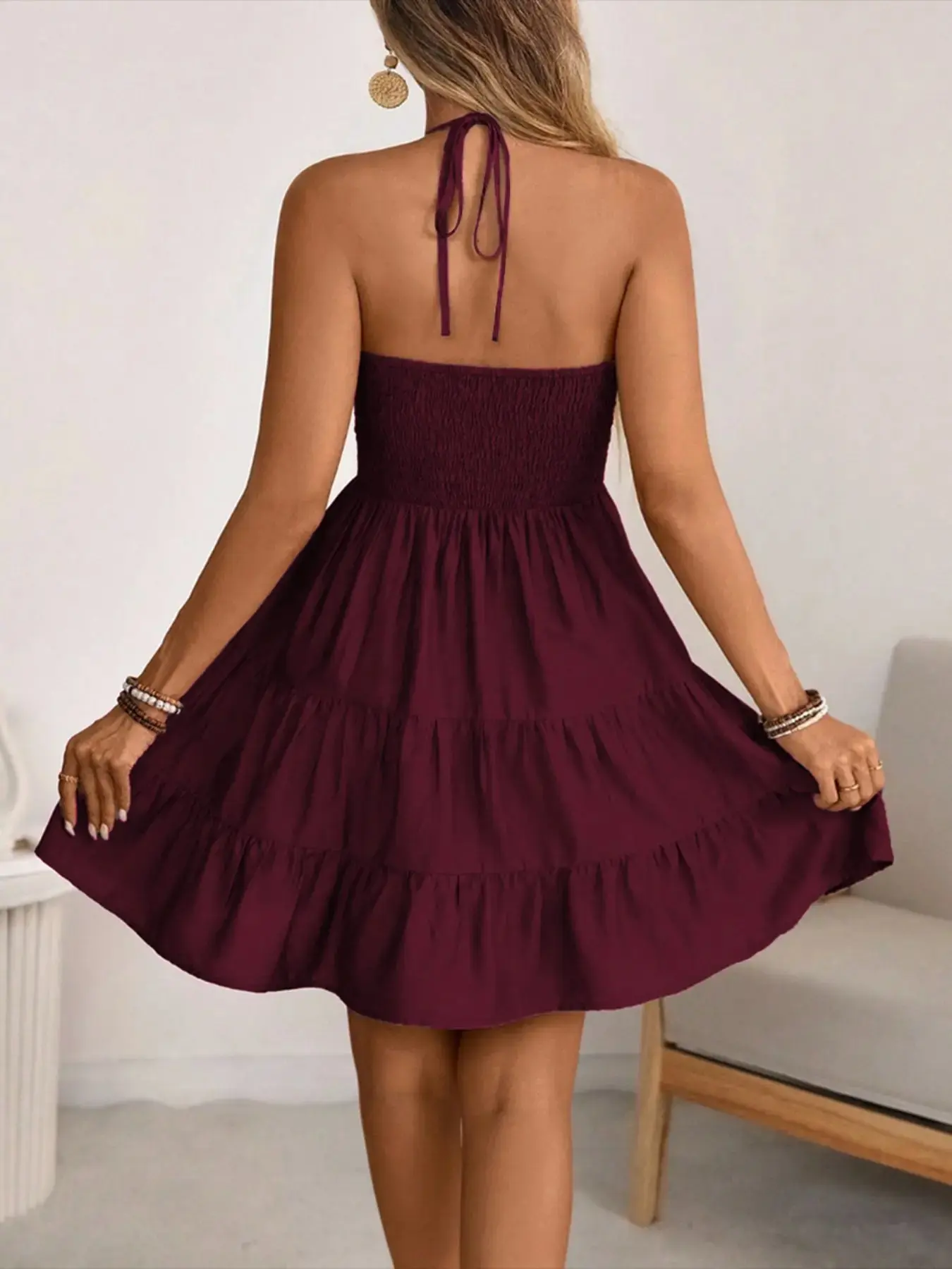 Women's Spring/Summer Rayon Bamboo Knit Bohemian Beach Dress, Casual Boho Chic, Shirred Pleated Bust, Tiered Skirt Design, A-Line Silhouette, Backless With Tie-Up Halter Neck And Bow Closure
