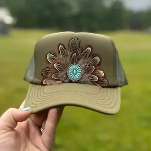 Olive Green Trucker Hat with Feathered Detail and Turquoise Centerpiece for Stylish Outfits
