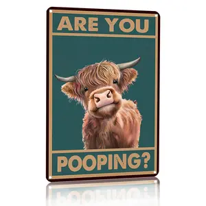 Vintage Highland Cow Tin Sign: Funny "Are You Pooping?" Bathroom Wall Decor for Western & Highland Cow Lovers 8 x 12 Inch