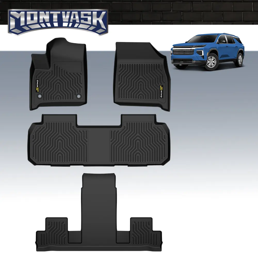 CROSSDESIGN 3D TPE Car Floor Mats  - Custom Fit for Chevrolet Traverse 2018-2024, All-Weather Molded, Front/2nd Row/3rd Row, Black, Car Accessory