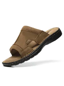 Men's Top Cowhide Upper Open Toe Slippers, PU Leather Non Slip Durable Summer Sandals For Outdoor Street Walking Footwear Khaki