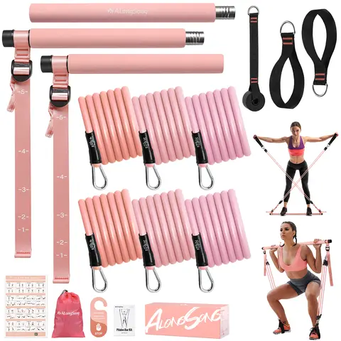 ALongSong Strong Unisex Adjustable Pilates Bar Kit - 3-Section Quick-Fit Steel Foam Bar, Resistance Bands, Adjustable Ankle Straps, Door Anchor, Compact Carry Bag, Quick Setup - Portable Adults' Athletic Training Pilates Set, Coral Pink & Blue