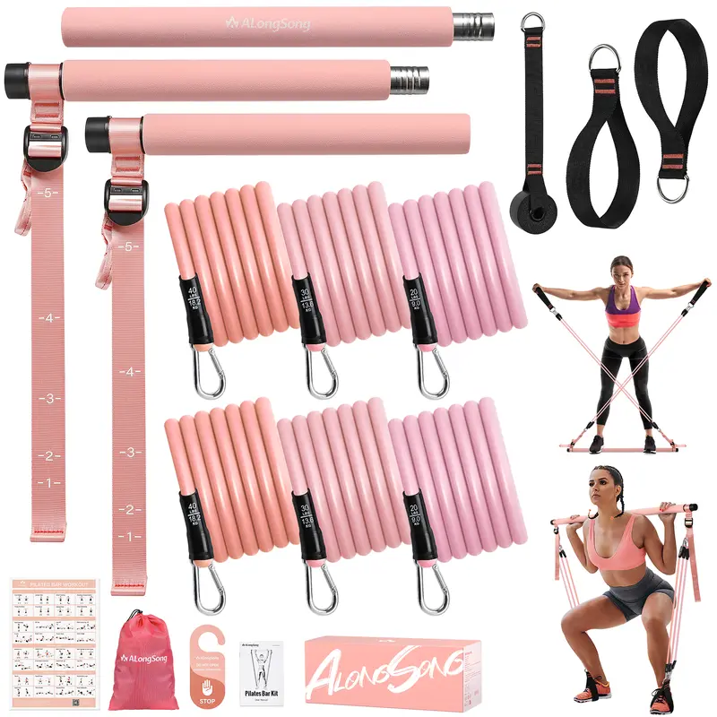 ALongSong Strong Unisex Adjustable Pilates Bar Kit - 3-Section Quick-Fit Steel Foam Bar, Resistance Bands, Adjustable Ankle Straps, Door Anchor, Compact Carry Bag, Quick Setup - Portable Adults' Athletic Training Pilates Set, Coral Pink & Blue