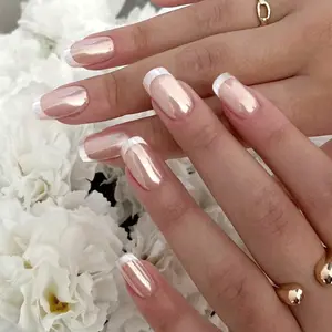 Curvlife medium squoval french Nail Art Press On Nails french nude chrome metallic 2 Week Wear