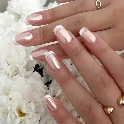Curvlife medium squoval french Nail Art Press On Nails french nude chrome metallic 2 Week Wear