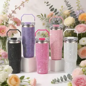 30oz Rhinestone Diamond Tumbler, 2-in-1 Lid, Double Wall Vacuum Insulated Stainless Steel Portable Stylish Travel Mug, Leakproof, Hot & Cold Coffee Tea Cup Water Bottle, Car Interior Stowing Accessory, US Local Shipping