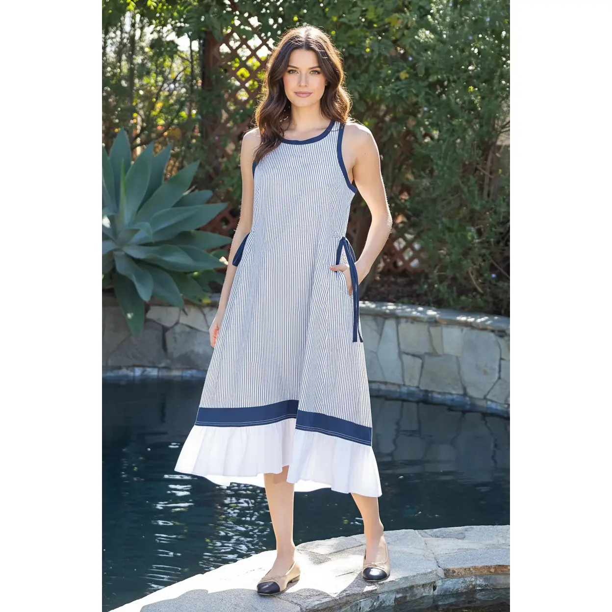 NAVY & WHITE STRIPED CONTRAST HEM SIDE TIE MAXI DRESS