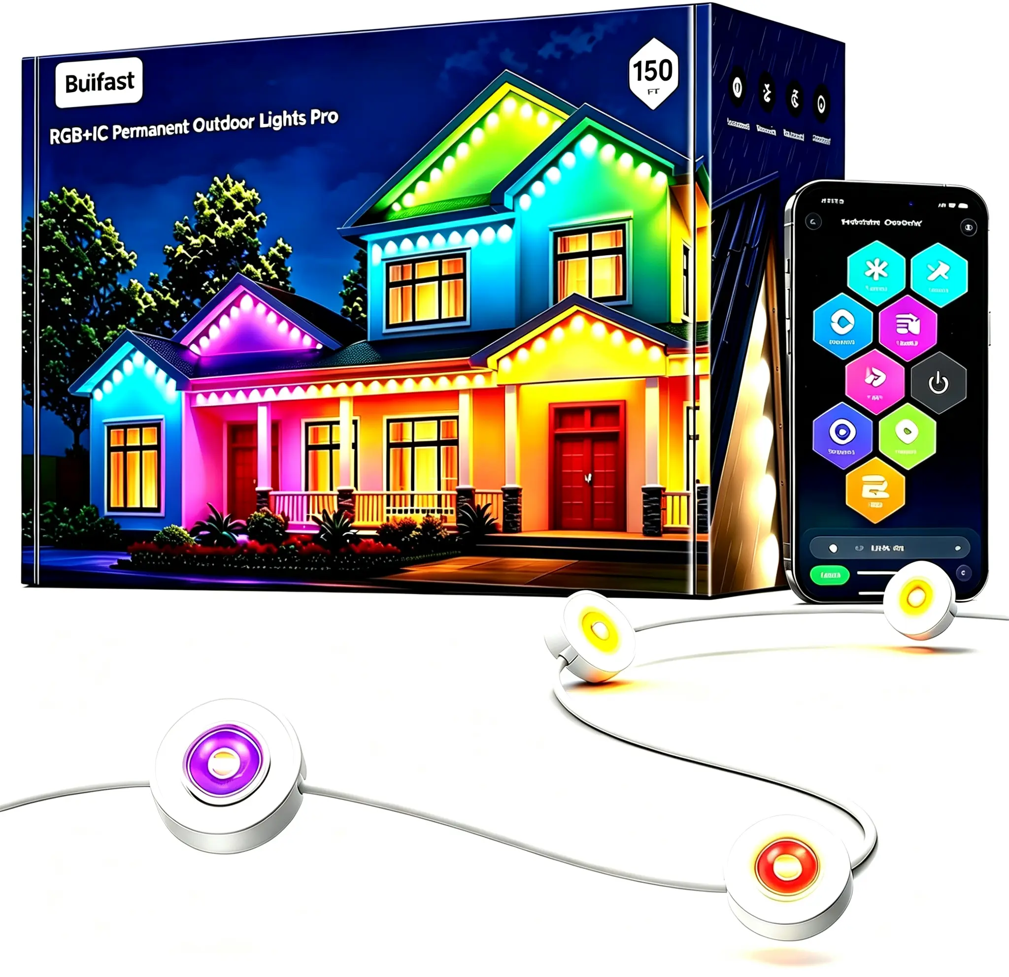 RGB-IC Permanent Outdoor Lights, DIY each LED bead color, IP67 Waterproof, 2.4G RF Remote & App Control, Music Sync, DIY Scene Mode for House Eaves, Christmas Decor,Halloween Decorations