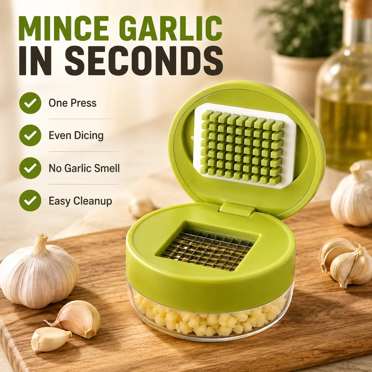 Garlic Dicer with Container, One-Press Garlic Chopper, Stainless Steel Garlic Cutter for Garlic, Ginger & Vegetables
