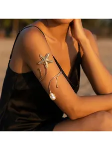 Elegant Starfish and Seashell Open Bangle Bracelet for Women Adjustable Metal Arm Cuff Jewelry Trendy Ocean Inspired Fashion Accessory Summer Beach Style