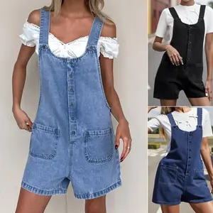 Women Denim Bib Overalls Shorts, Solid Color Baggy Jean Jumpsuit, Romper Pants with Pockets for Streetwear, Ladies Clothes for Indoor Outdoor Wear, Ladies Clothes for Daily Wear