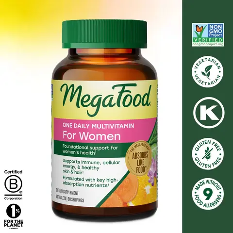 MegaFood Women’s 1 Daily Multivitamin Tablets - 60 Tablets, 60 Servings, 22 Nutrients, 275mg Biotin (as Biotin with Organic Brown Rice), Adults, Real Food, Iron, B6, B-Vitamin Complex, Zinc, Glyphosate-Free, Immunity & Energy & Bone Health Support