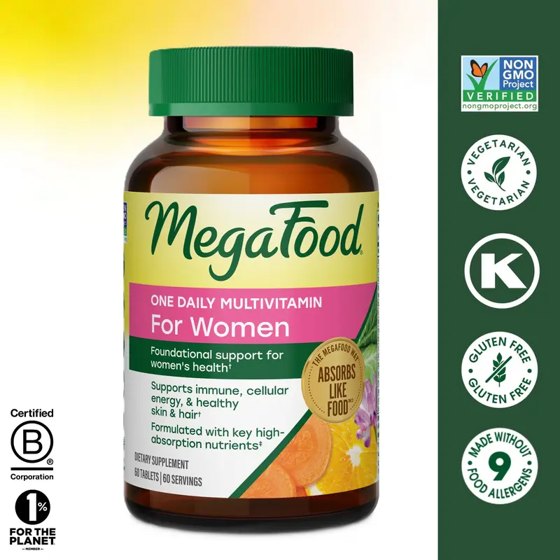 MegaFood Women’s 1 Daily Multivitamin Tablets - 60 Tablets, 60 Servings, 22 Nutrients, 275mg Biotin (as Biotin with Organic Brown Rice), Adults, Real Food, Iron, B6, B-Vitamin Complex, Zinc, Glyphosate-Free, Immunity & Energy & Bone Health Support