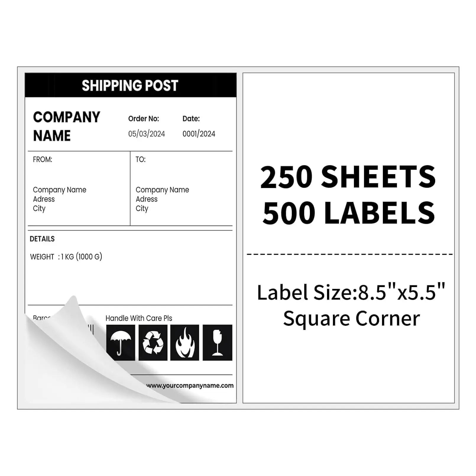 Half Sheet Labels, 2 per Sheet, 250 Sheets, 500 Labels, 8.5" x 5.5" Shipping Labels Paper, Address Sticker Laser & Inkjet Printer Label Stickers, 5 1/2" x 8 1/2" Half Sheet Labels