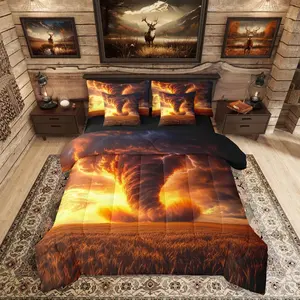 Nature Disaster 7 Pcs Comforter Set,Golden Tornado Bed in a Bag with Flat Sheet and Fitted Sheet for Kids Teens Adult,Goth Cloud Bedding Set