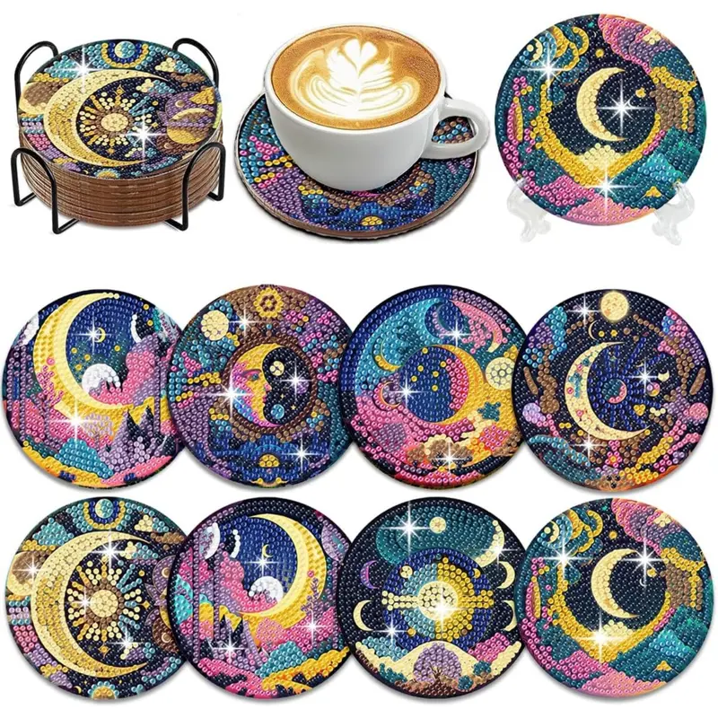 Colorful Aesthetic DIY Diamond Painting Coaster Set (8-Pack, 3.9in Diameter) with Transparent Metal Tray, 8 Display Stands, Beginner-Friendly Handicrafts for Mental Relaxation, Home Improvement Kitchen Fixture Accessory
